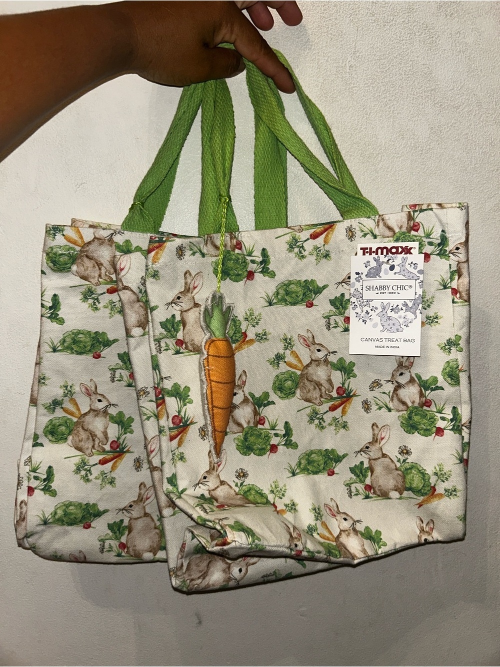 Cream Canvas Tote with Bunny & Orange Carrot Print and Green Handles 2 pcs